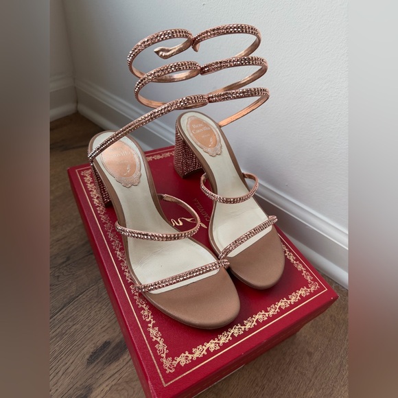 Rene Caovilla Cleo 65mm Satin Sandal w Crystal Embellishment Rose Gold 36.5  6.5